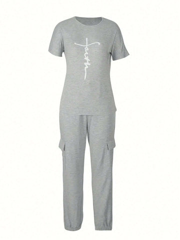 Round Neck Letter Print Short Sleeve Top + Drawstring Elastic Waist Pocket Pants 2 Piece Set