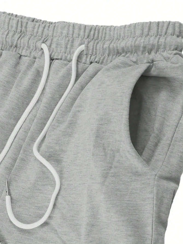 Round Neck Letter Print Short Sleeve Top + Drawstring Elastic Waist Pocket Pants 2 Piece Set