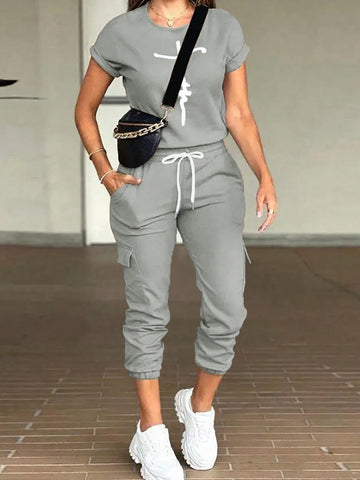 Round Neck Letter Print Short Sleeve Top + Drawstring Elastic Waist Pocket Pants 2 Piece Set