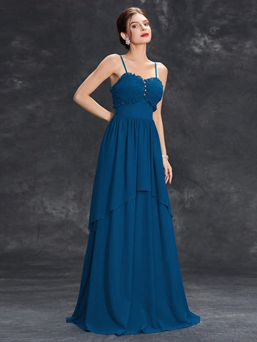 Ruched Bust Button Detail Chiffon Bridesmaid Dress