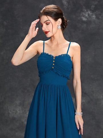 Ruched Bust Button Detail Chiffon Bridesmaid Dress