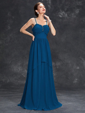 Ruched Bust Button Detail Chiffon Bridesmaid Dress