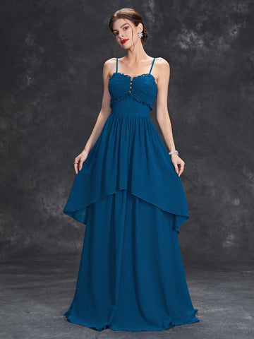 Ruched Bust Button Detail Chiffon Bridesmaid Dress