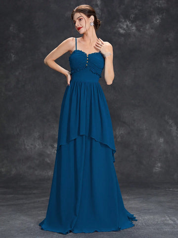 Ruched Bust Button Detail Chiffon Bridesmaid Dress