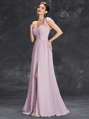 Ruched Split Thigh Chiffon Bridesmaid Dress