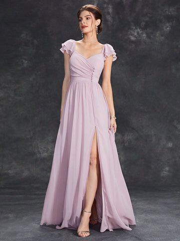 Ruched Split Thigh Chiffon Bridesmaid Dress