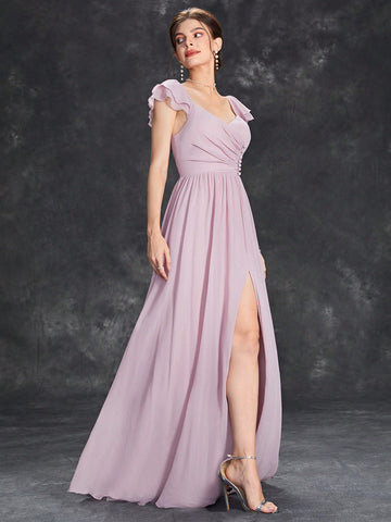 Ruched Split Thigh Chiffon Bridesmaid Dress