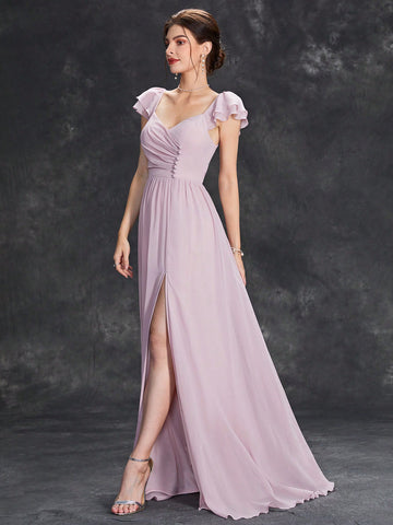Ruched Split Thigh Chiffon Bridesmaid Dress