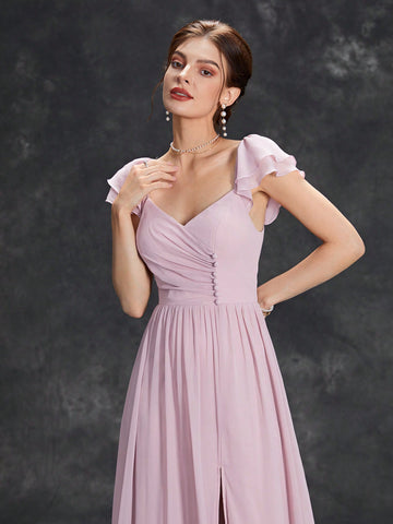 Ruched Split Thigh Chiffon Bridesmaid Dress