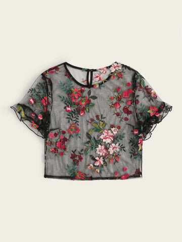 Unity Ruffle Cuff Embroidery Mesh Sheer Top