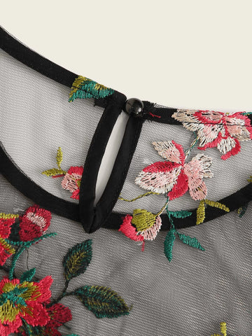 Unity Ruffle Cuff Embroidery Mesh Sheer Top