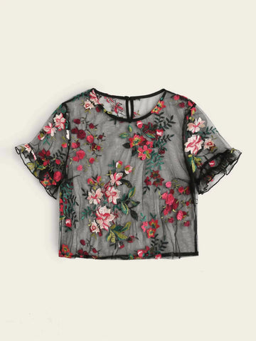 Unity Ruffle Cuff Embroidery Mesh Sheer Top