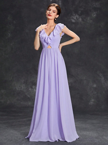Ruffle Trim Cut Out Front Bridesmaid Dress