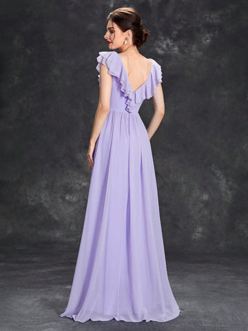 Ruffle Trim Cut Out Front Bridesmaid Dress