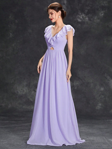 Ruffle Trim Cut Out Front Bridesmaid Dress