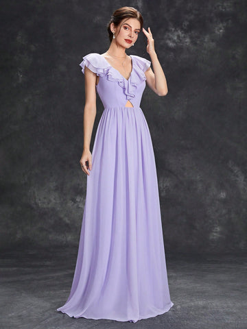Ruffle Trim Cut Out Front Bridesmaid Dress