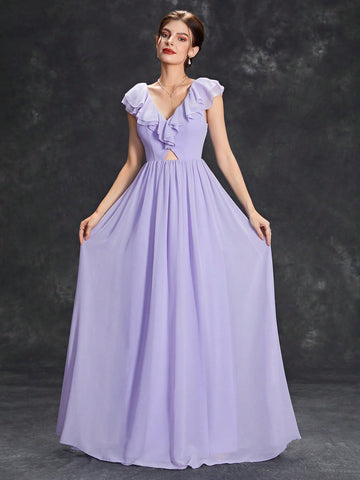 Ruffle Trim Cut Out Front Bridesmaid Dress