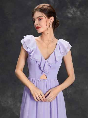 Ruffle Trim Cut Out Front Bridesmaid Dress