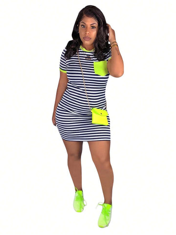 S3617 Fashionable Striped & Printed Pencil Bodycon Dress With Pockets For Casual Occasions