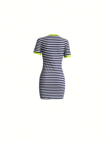 S3617 Fashionable Striped & Printed Pencil Bodycon Dress With Pockets For Casual Occasions