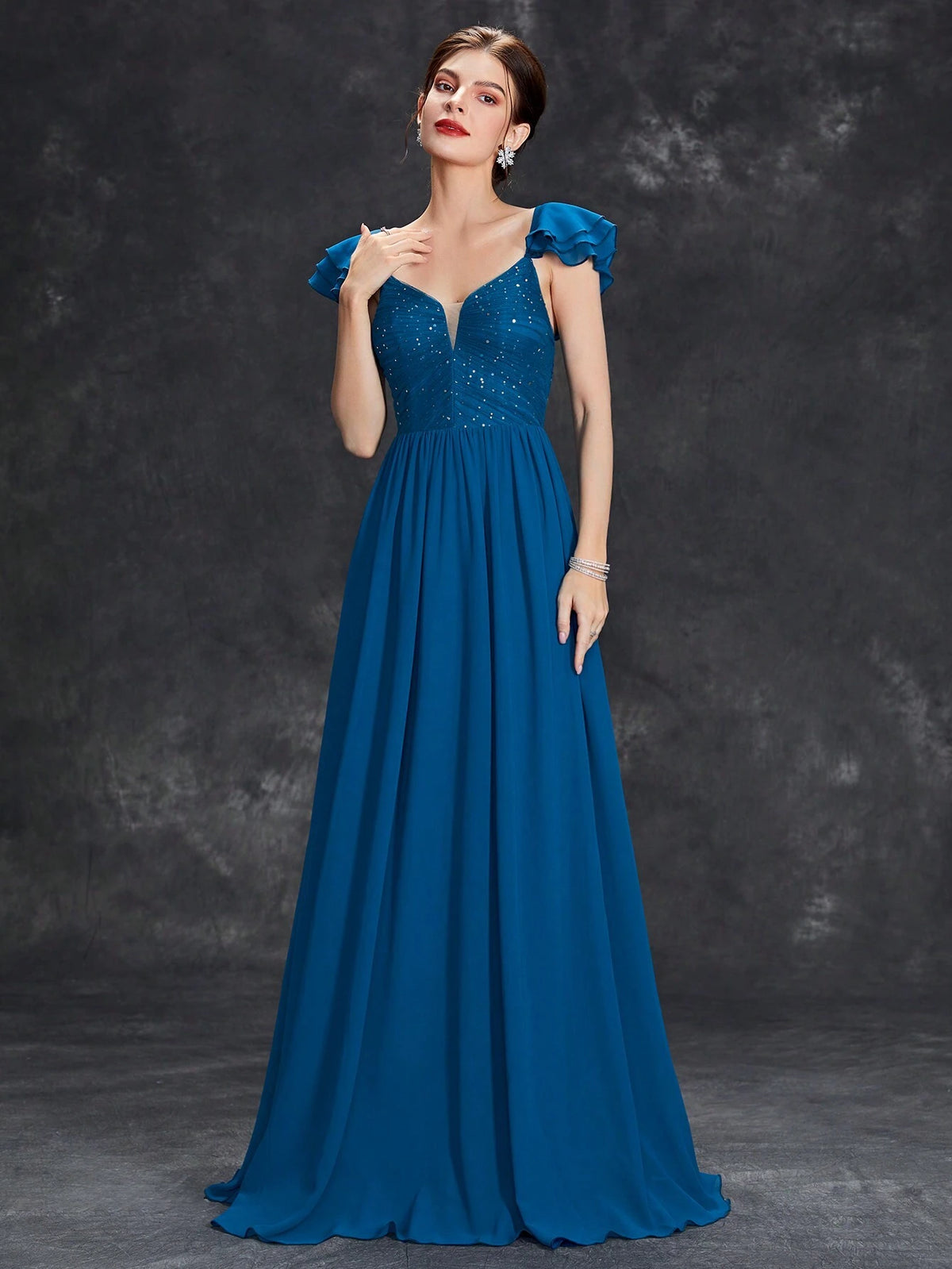 Sequin Detail Ruffle Trim Chiffon Formal Dress