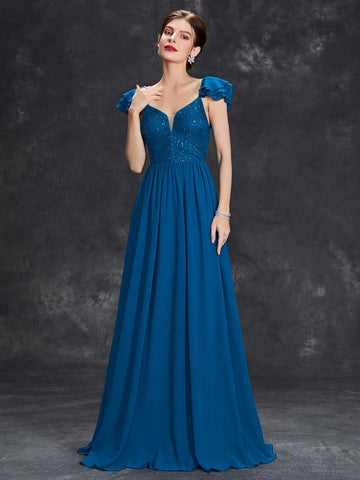 Sequin Detail Ruffle Trim Chiffon Formal Dress