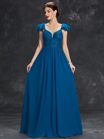 Sequin Detail Ruffle Trim Chiffon Formal Dress