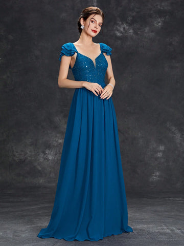 Sequin Detail Ruffle Trim Chiffon Formal Dress