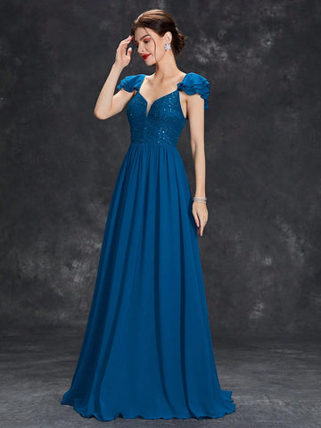 Sequin Detail Ruffle Trim Chiffon Formal Dress