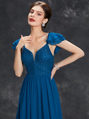 Sequin Detail Ruffle Trim Chiffon Formal Dress