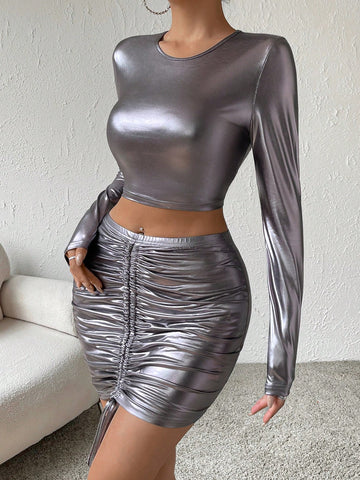 Solid Crop Tee & Drawstring Front Bodycon Skirt