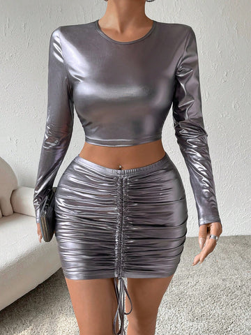 Solid Crop Tee & Drawstring Front Bodycon Skirt