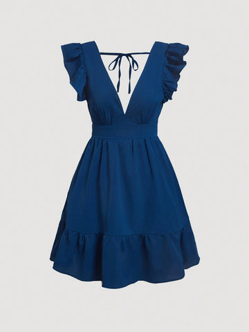Solid Ruffle Trim Tie Backless Dress