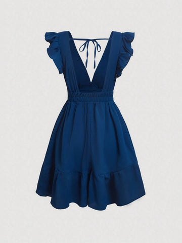 Solid Ruffle Trim Tie Backless Dress