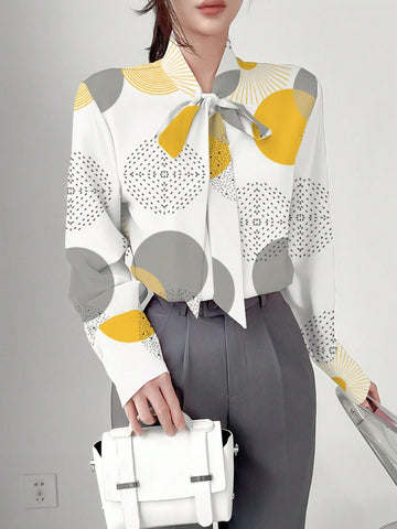 Unity Spring & Autumn Casual Geometric Print Tie-Neck Blouse