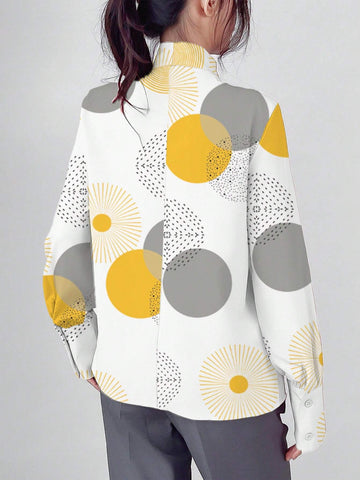 Unity Spring & Autumn Casual Geometric Print Tie-Neck Blouse