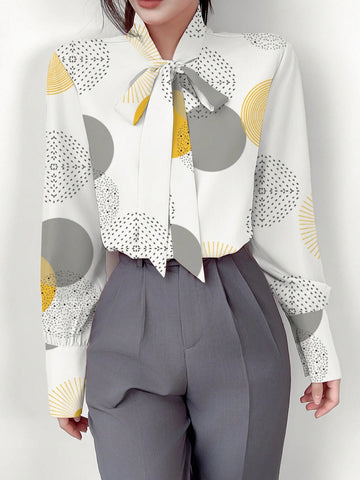 Unity Spring & Autumn Casual Geometric Print Tie-Neck Blouse