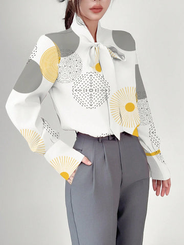 Unity Spring & Autumn Casual Geometric Print Tie-Neck Blouse