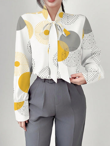 Unity Spring & Autumn Casual Geometric Print Tie-Neck Blouse
