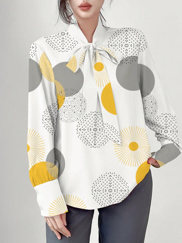 Unity Spring & Autumn Casual Geometric Print Tie-Neck Blouse