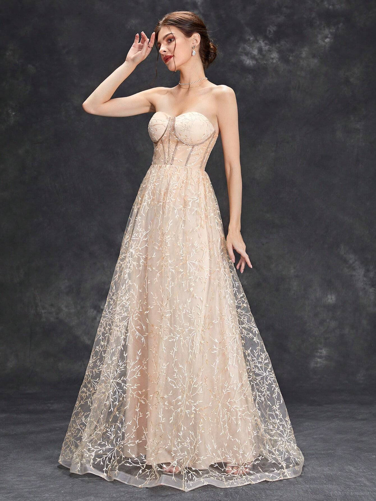 Strapless Embroidered Mesh Fishbone Structure See-Through Dress With Flared Hem For Evening Party