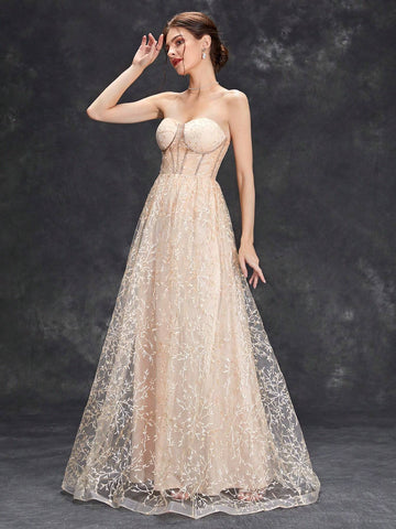 Strapless Embroidered Mesh Fishbone Structure See-Through Dress With Flared Hem For Evening Party