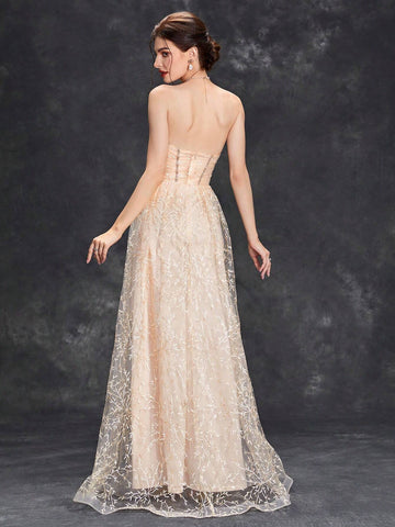 Strapless Embroidered Mesh Fishbone Structure See-Through Dress With Flared Hem For Evening Party