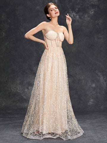 Strapless Embroidered Mesh Fishbone Structure See-Through Dress With Flared Hem For Evening Party