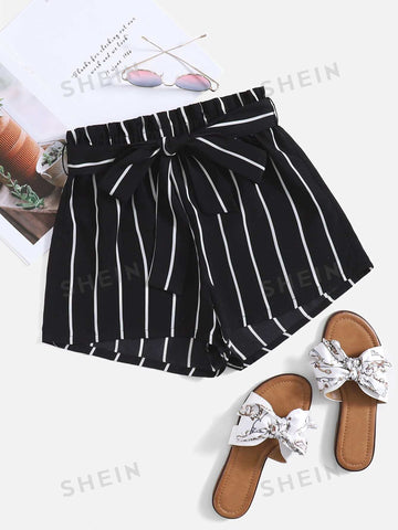 Unity Striped Paperbag Waist Belted Shorts