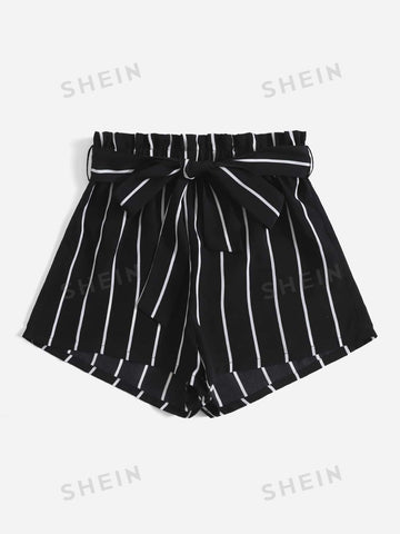 Unity Striped Paperbag Waist Belted Shorts