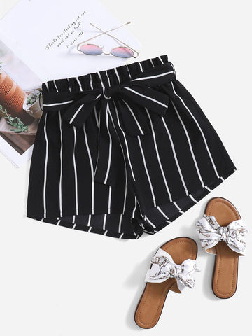 Unity Striped Paperbag Waist Belted Shorts