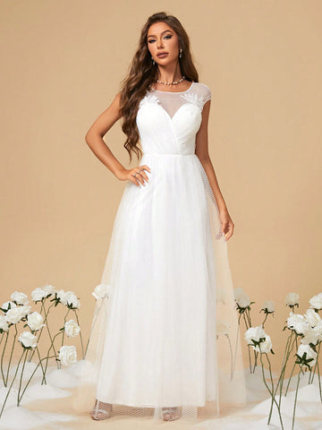 Sweetheart Neckline Shoulder Flower Applique Pleated Dot Mesh A-line Wedding Dress