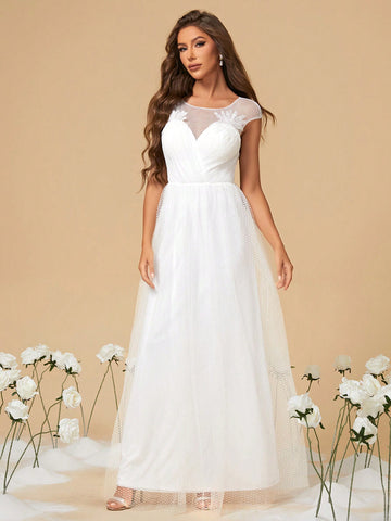 Sweetheart Neckline Shoulder Flower Applique Pleated Dot Mesh A-line Wedding Dress