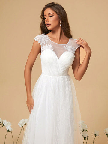 Sweetheart Neckline Shoulder Flower Applique Pleated Dot Mesh A-line Wedding Dress
